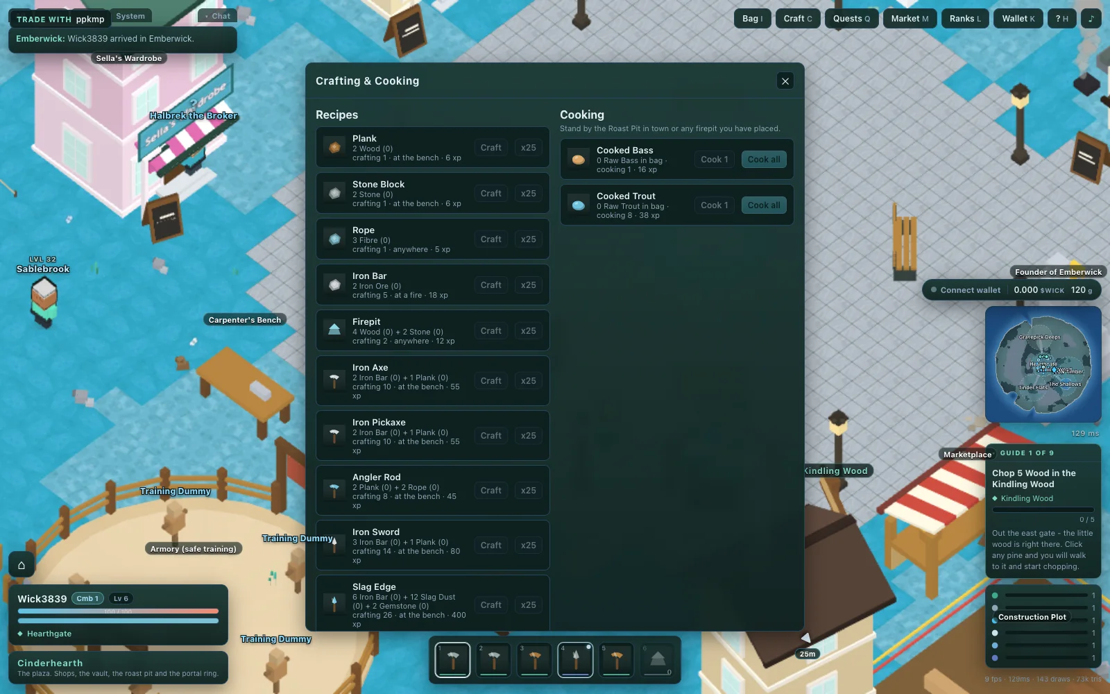 The crafting and cooking panel: planks, rope, iron bars, axes