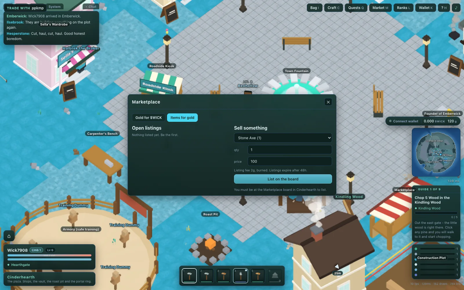 The marketplace panel with player listings